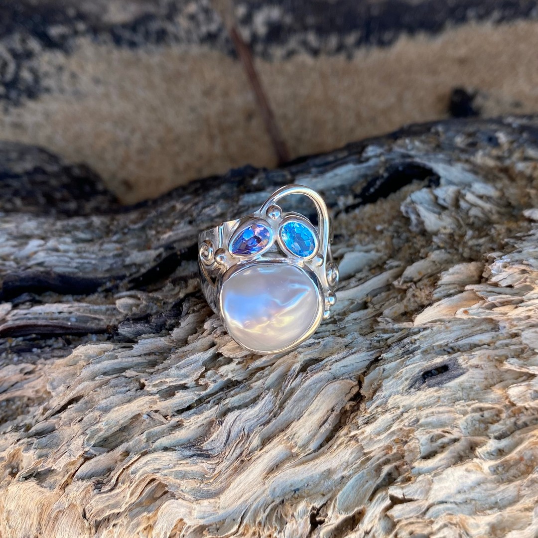 pearl tanzanite blue topaz ring