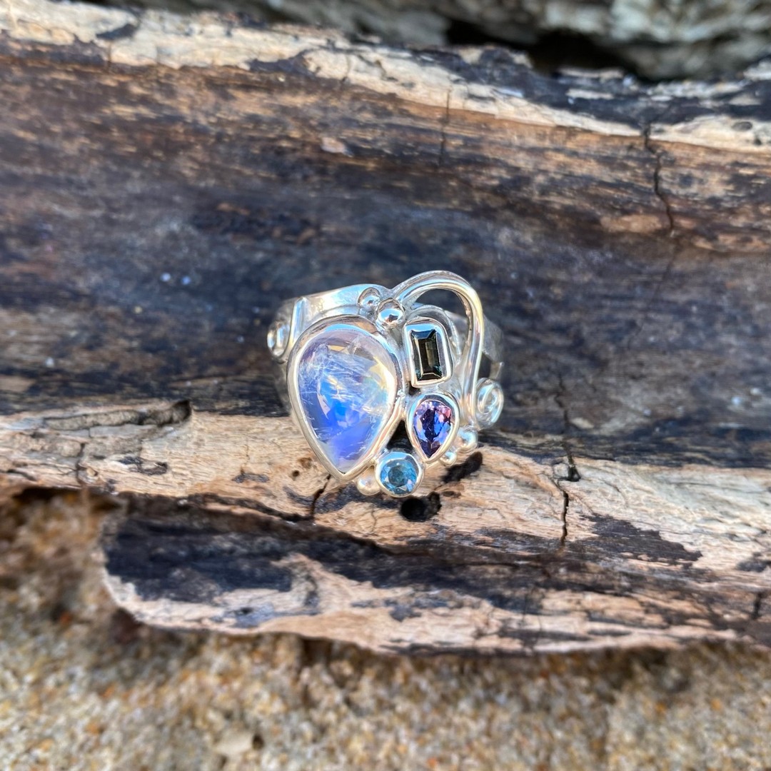 moonstone blue topaz tanzanite tourmaline ring