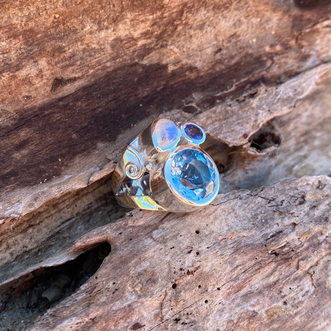 blue topaz moonstone tanzanite ring
