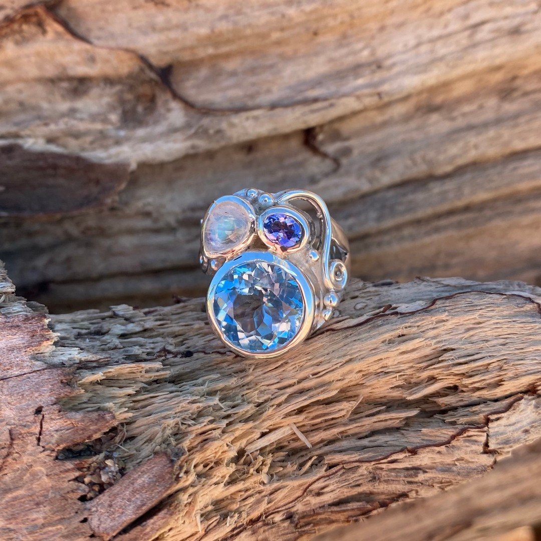blue topaz moonstone tanzanite ring