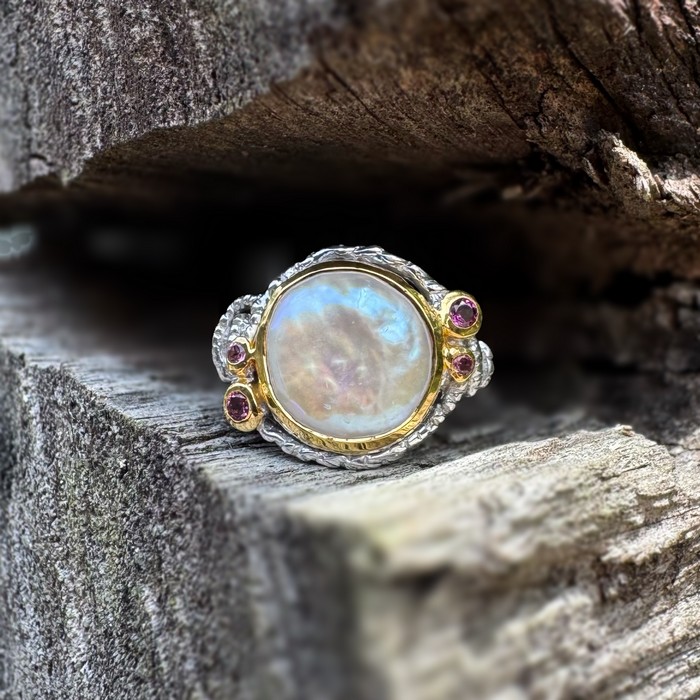 keshi pearl and rhodolite ring