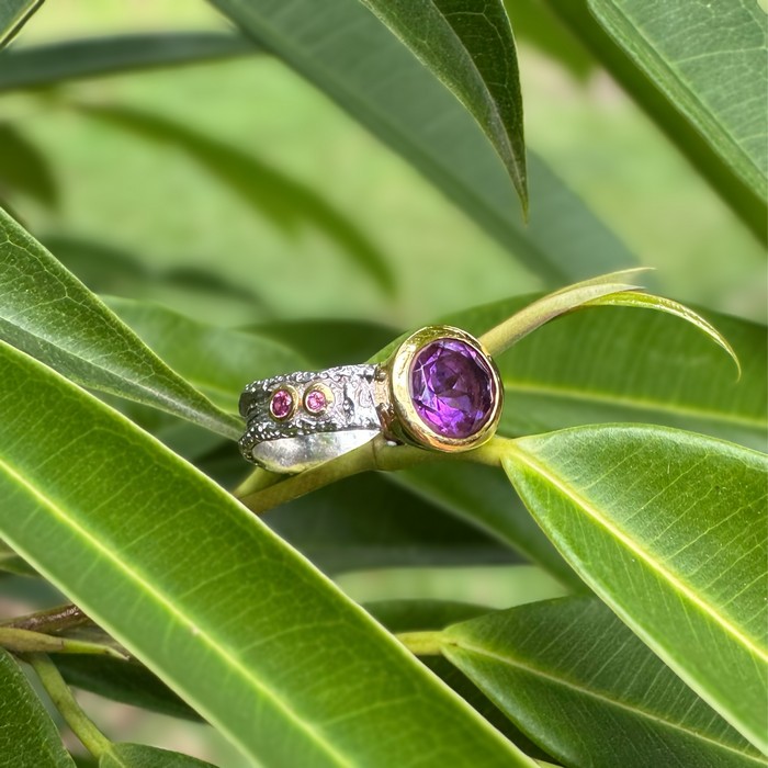 amethyst and rhodolite ring